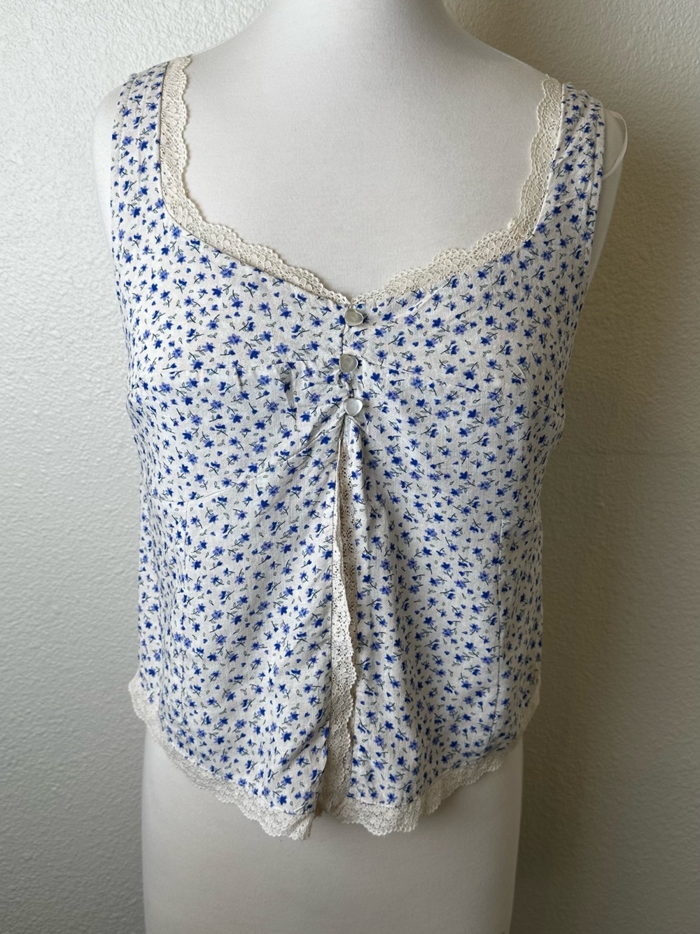 Cream Tank Top with Blue Floral Print and Lace Trim